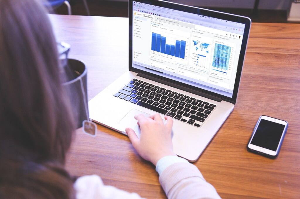 Junge Frau vor einem Laptop mit Analytics
